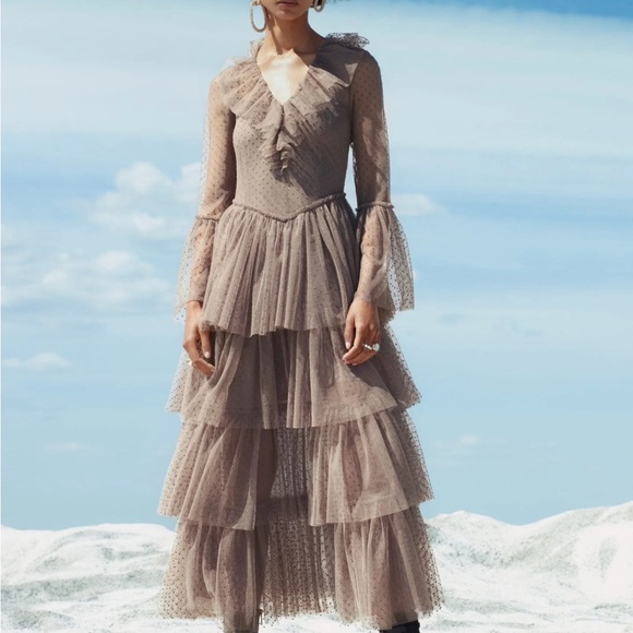 Sandra Mansour x H&M Polka Dot Tulle Tiered Ruffle Midi Dress Sheer Sleeves XS - Picture 3 of 6